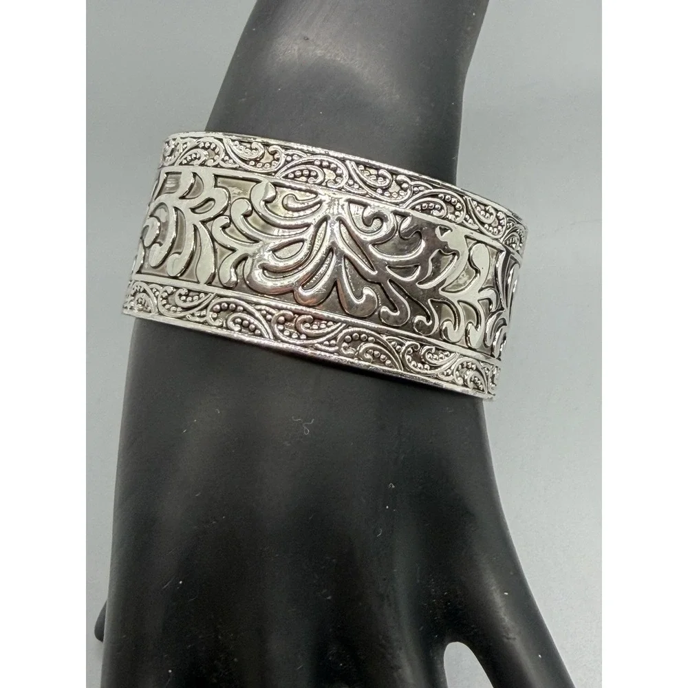 Premier Designs Silver‎ Tone Floral Filigree Scroll Wide Cuff Bracelet Sz 7